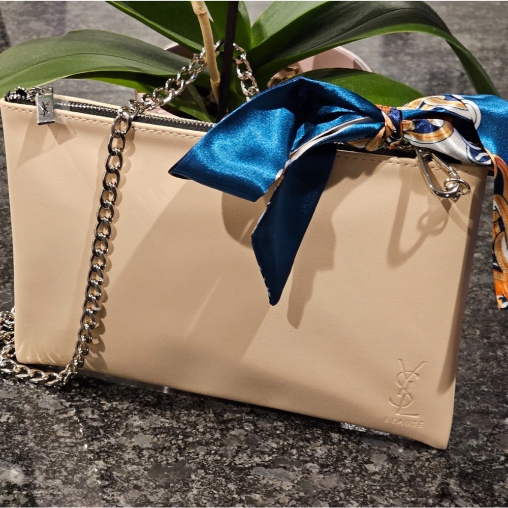 YSL Yves Saint Laurent faux Leather Clutch w/ Crossbody chain &Twilly added NWOT
